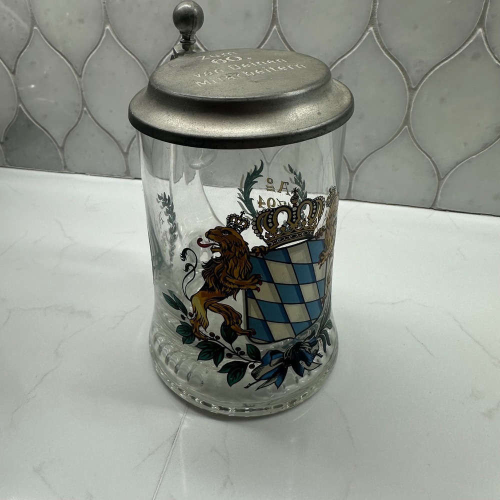 Vintage Rein Zinn German Glass Beer Stein Pewter Lid Bavarian Crest 1794 0.5L